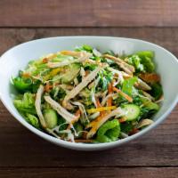 Sharky's Chicken Salad · Organic greens, chicken, cabbage, mandarin oranges, sweet peppers, cucumber, carrots, toaste...
