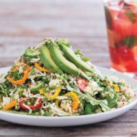 Avocado Quinoa Salad · Red and white quinoa, organic baby spinach, jicama, cucumber, sweet peppers, cilantro, avoca...