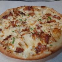 Chicken Bacon Ranch Pizza · Grill chicken strips, crispy bacon, ranch and shredded melted mozzarella cheese.