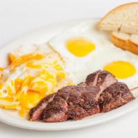 Angus New York Steak and Eggs · Angus NY steak, served with house potato and toast.