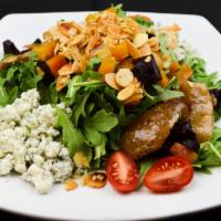 Remolachas Y Peras Salad · Wild arugula, golden & red beets, roasted pears, toasted almonds, blue cheese, mustard red w...