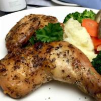 Grilled Chicken · Grilled semi boneless half chicken with mashed pototo and vegetables on side.