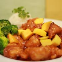 Mango Stir Fry · Tossed with homemade mango sauce. Served with steamed broccoli.