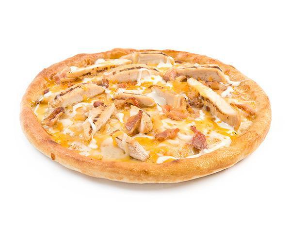 Alfredo Chicken Pizza · Alfredo sauce, chicken strips, bacon, Parmesan and 
gourmet cheese blend.