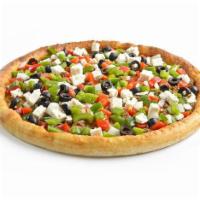 Greek Pizza · Feta cheese, fresh tomatoes, lean ground beef, black olives, onions, green peppers and Sarpi...