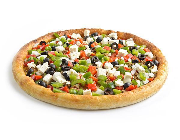 Greek Pizza · Sarpino's traditional pan pizza baked to perfection and topped with feta cheese, vine-ripened tomatoes, lean ground beef, black olives, sauteed onions and green peppers, and our signature gourmet cheese blend.