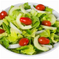 Green Salad · Vegetarian. Fresh tomatoes, onions, green peppers and cucumbers on the bed of crisp romaine ...
