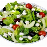 Greek Salad · Vegetarian. Tomatoes, onions, green peppers, cucumbers, feta cheese, Kalamata olives and ore...