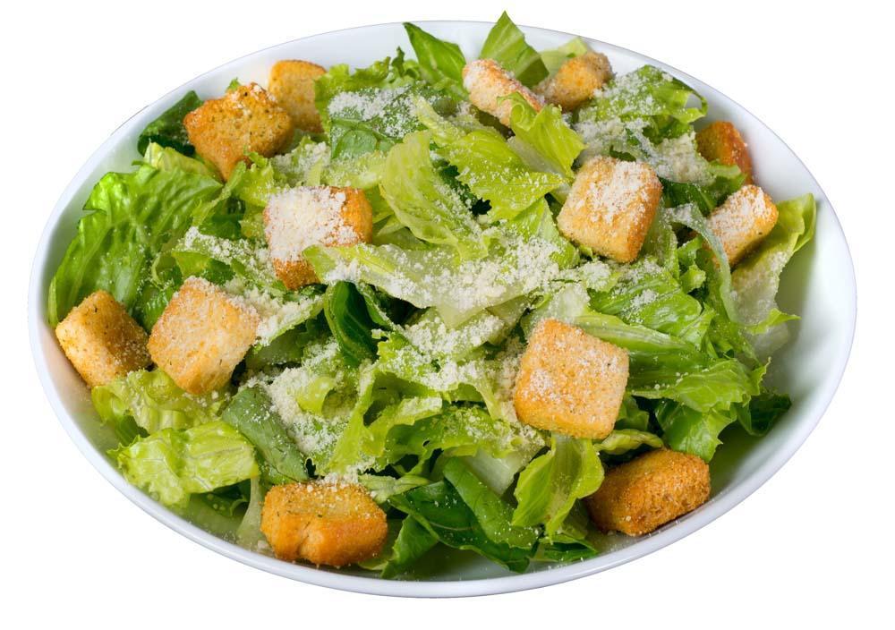 Caesar Salad · Crisp romaine lettuce, sharp Parmesan cheese and crunchy croutons. Served with creamy Caesar dressing on the side.