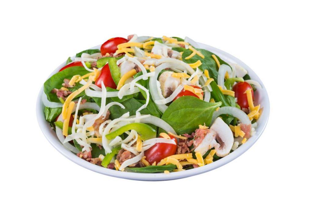 Spinach Salad · Crispy bacon, vine-ripened tomatoes, plump mushrooms, crunchy green peppers and onions and our signature gourmet cheese blend served over a bed of fresh spinach.
