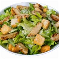Chicken Caesar Salad · Classic recipe with romaine lettuce, Parmesan cheese, croutons and grilled chicken strips. 