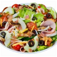 Sarpino's Signature Salad · Crispy romaine lettuce, grilled chicken breast, ham, crispy bacon, pepperoni, black olives, ...