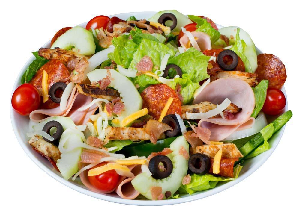Sarpino's Chef Salad · Romaine lettuce, chicken, Canadian and smoked bacon, pepperoni, black olives, Sarpino's gourmet cheese blend, fresh tomatoes, onions, green peppers and cucumbers. 