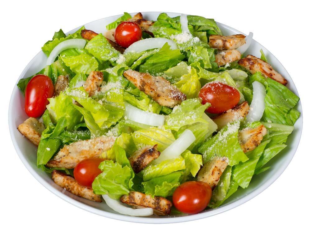 Grilled Chicken Salad · Grilled chicken breast, fresh onions, crispy romaine lettuce, Parmesan cheese, tomatoes and dressing of your choice. 