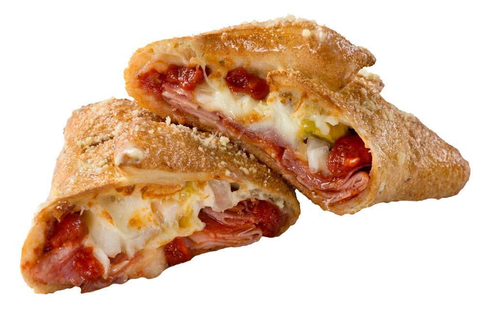 Regular Italian Calzone · A delicious combination of Canadian bacon, pepperoni, salami, capicolla, Sarpino's gourmet cheese blend, banana peppers, onions and our special sauce.