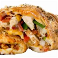 Chicken Calzone · Tender white chicken meat with fresh tomatoes, onions, green peppers, bacon and Sarpino's go...