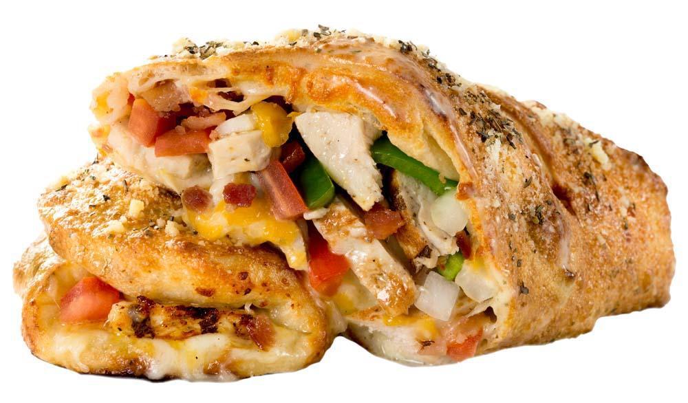 Regular Chicken Alfredo Calzone · Tender white chicken meat nested in an Alfredo sauce and garnished with fresh tomatoes, onions, green peppers and bacon.