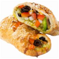 Vegetarian Calzone · A hearty mix of black olives, vine-ripened tomatoes, tender red and green peppers, plump fre...