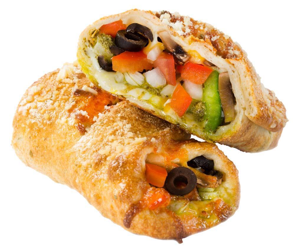 Vegetarian Calzone · A delightful vegetable selection of black olives, fresh ripe tomatoes, crisp red and green peppers, mushrooms and onions with our special cheese blend.