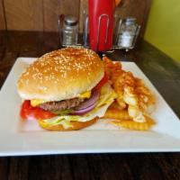 Burger (Combo) · Choice of Beef, Turkey, Salmon, or Veggie with Lettuce, Tomatoes, Pickle, Onions, Ketchup, M...