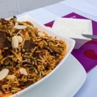 Goat Biryani · Biryani is flavored rice steamed with spices and the meat or vegetables.