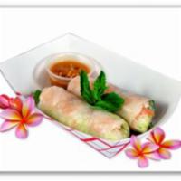 Summer Rolls (2 Pieces) · Shrimp, rice noodles, lettuce, carrots, pineapple, basil, and cucumber wrapped with rice pep...