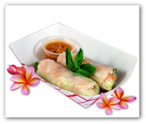 Summer Rolls (2 Pieces) · Shrimp, rice noodles, lettuce, carrots, pineapple, basil, and cucumber wrapped with rice pepper. Served with peanut sauce.