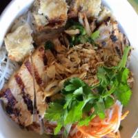 V4. Bun Ga Nuong Cha Gio Bowl · Vermicelli with grilled chicken.