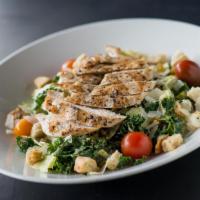 Chicken Kale Caesar Salad · Romaine, roasted Brussels sprouts, pistachios, raisins, baby tomatoes, parmesan.