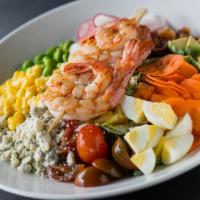 Shrimp Cobb Salad · Greens, kale, baby tomatoes, edamame, carrots, radish, egg, bleu cheese, corn, bacon, avocad...