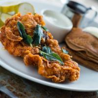 Nashville Hot Chicken · Sweet potato pancakes, pickles, ranch dressing, honey hot sauce, fried sage.