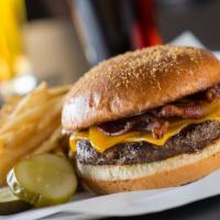 BBQ Bacon Cheddar Burger · Applewood smoked bacon, rum bbq sauce, garlic aïoli, fries.