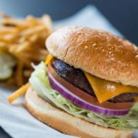 Classic Cheeseburger · Lettuce, tomato, red onion, garlic aïoli, cheddar cheese.