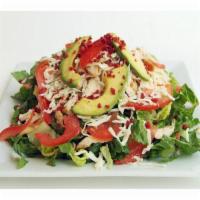 5. Cobb Salad · Crisp romaine hearts, grape tomatoes, crumbled blue cheese, hard boiled eggs, apple wood bac...