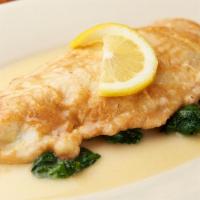 Filet Sole Fiorentina · Sauteed with lemon and white wine over spinach.