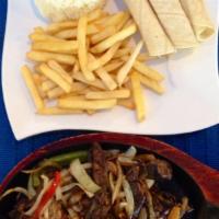 Fajitas de Res · Served with 1 tortilla or bread and choice of 2 sides.
