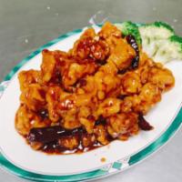 C18. General Tso's Chicken · Chicken dark meat battered, fried, then sauteed in our sweet, spicy and tangy General Tso's ...