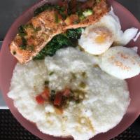 Salmon, Grits, and Poached Egg Combo · A wonderful breakfast combo! Wild caught salmon, grits and eggs any way you want (poached st...