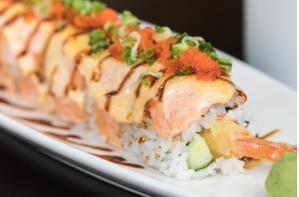 Sumo Roll · Baked. Crab†, avocado, cucumber, shrimp tempura, salmon, smelt roe and special mayo sauce. 1...