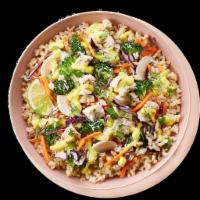 Bamboo Bowl · Brown rice, coconut, broccoli, mushrooms, cabbage, carrots, cilantro and green curry sauce.