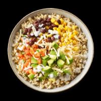 Tex Mex Bowl · Brown rice, avocado, aged cheddar, black beans, corn, salsa Fresca, Greek yogurt ranch.