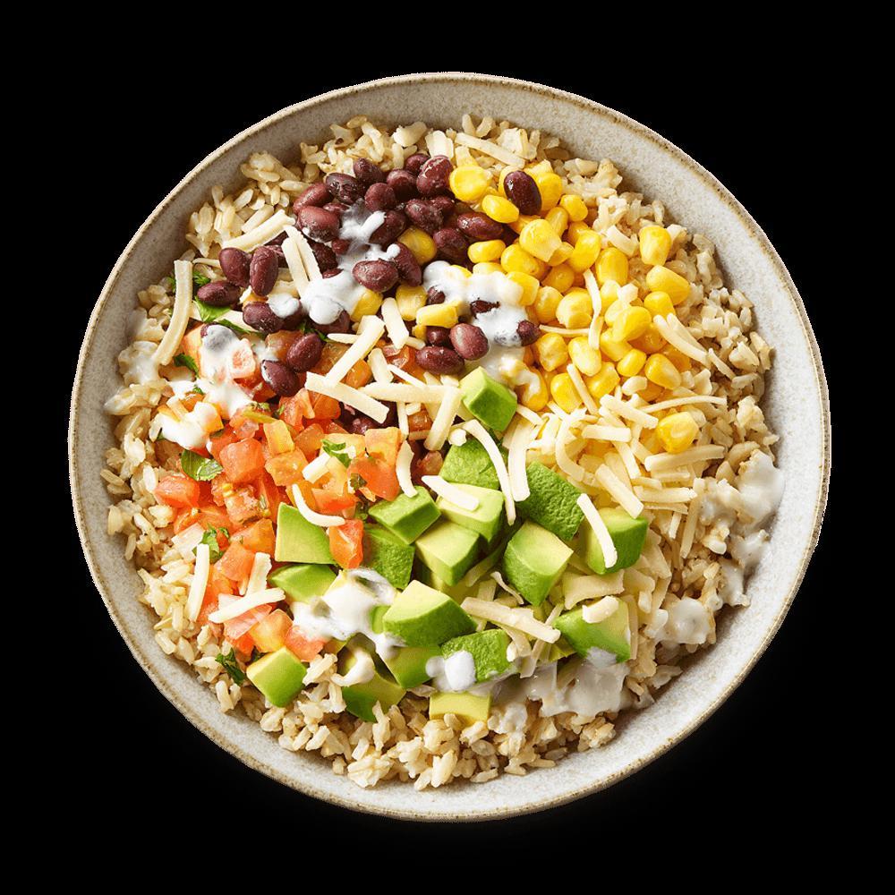 Tex Mex Bowl · Brown rice, avocado, aged cheddar, black beans, corn, salsa Fresca, Greek yogurt ranch.
