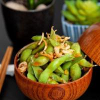 Spicy Edamame · Soy beans, chili oil, fried shallot. Gluten and Shellfish free, Vegetarian/Vegan
