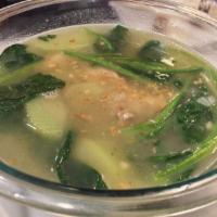 Tinolang Manok Soup · Chicken cooked in broth with Asian vegetables and ginger. Served with rice.