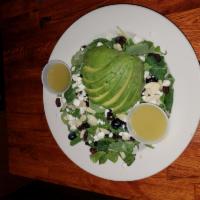 Citrus Kale Salad · Kale, Avocado, Blueberries, Raisins, Feta, Almonds with a lemon olive oil dressing.