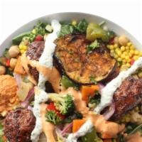 Vegetarian Bowl · Spinach, white basmati rice, vegetable kefta, caramelized eggplant, chickpea salad, Israeli ...