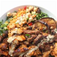 High Protein Bowl · Bulgar pilaf, kale, chicken Kebab & chicken shawarma, caramelized eggplant, chickpea salad, ...