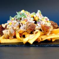 Chicharron Fries · Roasted pork belly and rocoto aioli with salsa criolla.