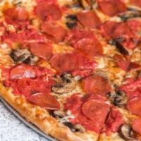 Pepperoni and Fresh Mushrooms Pizza · Served with tomato sauce.