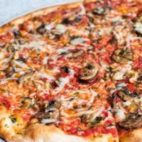 Fresh Mushrooms, Manchego and Herb Pizza · Served with red sauce.